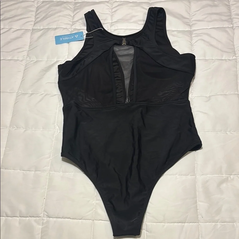 Athmile Black One-Piece Mesh, High-Cut, Tummy Control Swimsuit